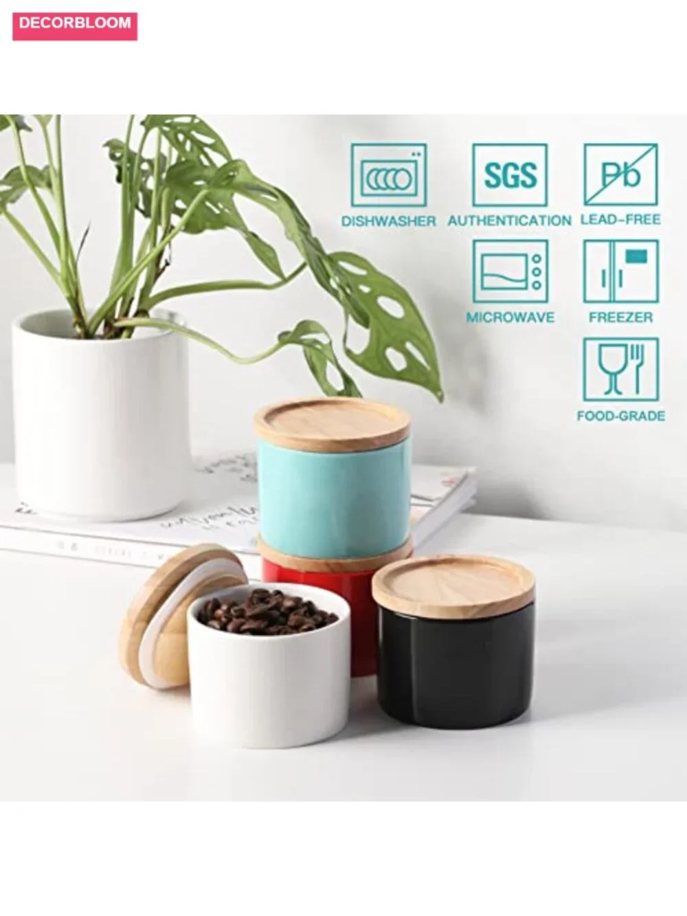 Ceramic Stackable Canister with Airtight Wooden Lid, 5 oz Food Storage